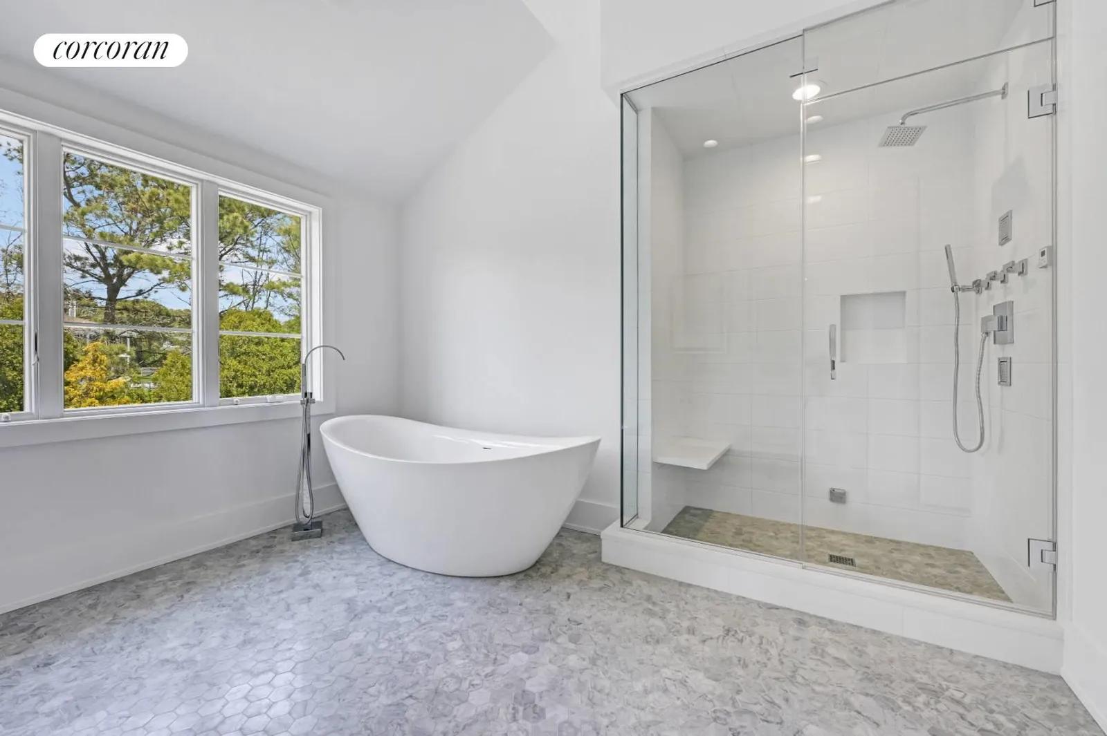 The Hamptons Real Estate | View 63 Middle Pond Road | Main Bathroom tub and shower | View 15