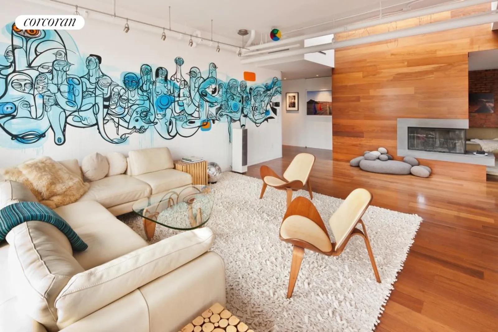 New York City Real Estate | View 684 Broadway, PH12E | Living Room with Custom Graffiti Wall Mural | View 4