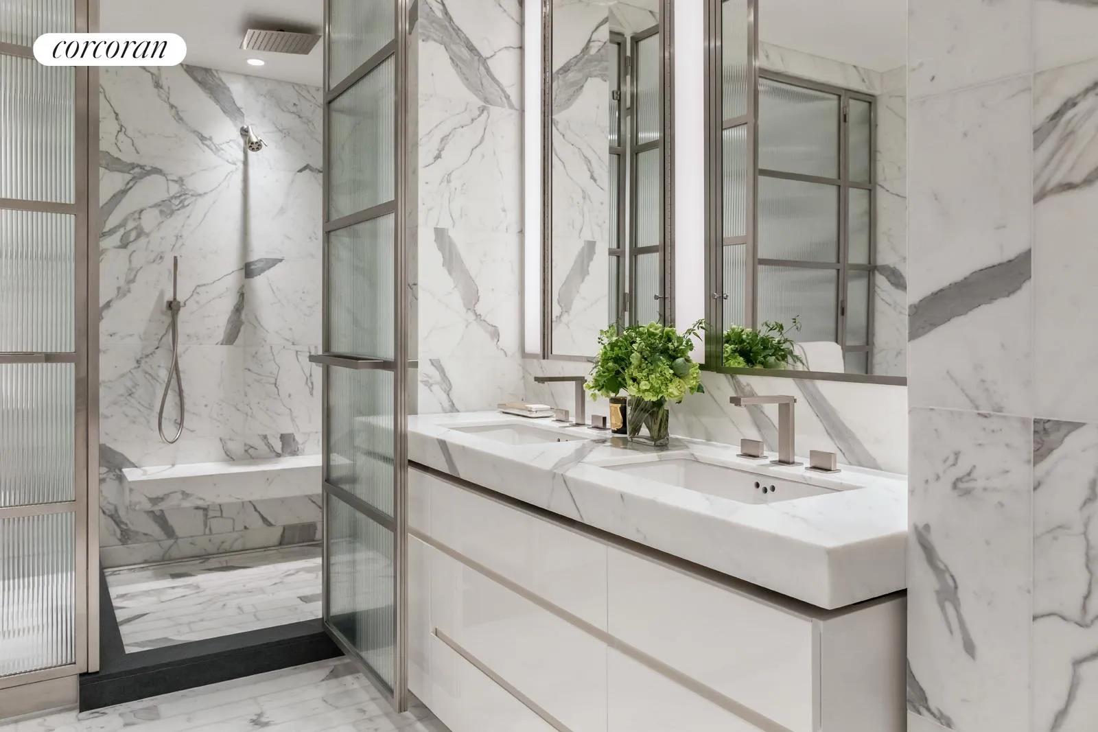 New York City Real Estate | View 70 Vestry Street, 3F | Master Bath features Statuary Monarch marble | View 6