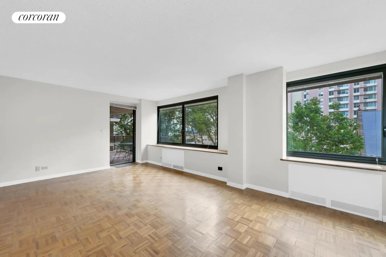 New York City Real Estate | View 531 Main Street, 413 | Tree top views of the Plaza | View 2
