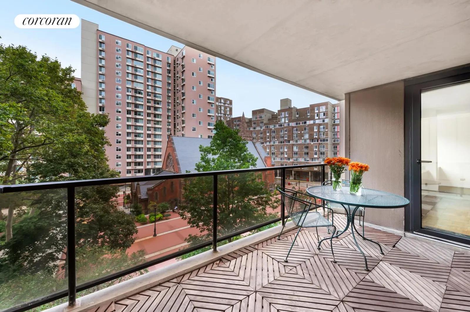 New York City Real Estate | View 531 Main Street, 413 | Large balcony overlooking Plaza, trees, gardens | View 10