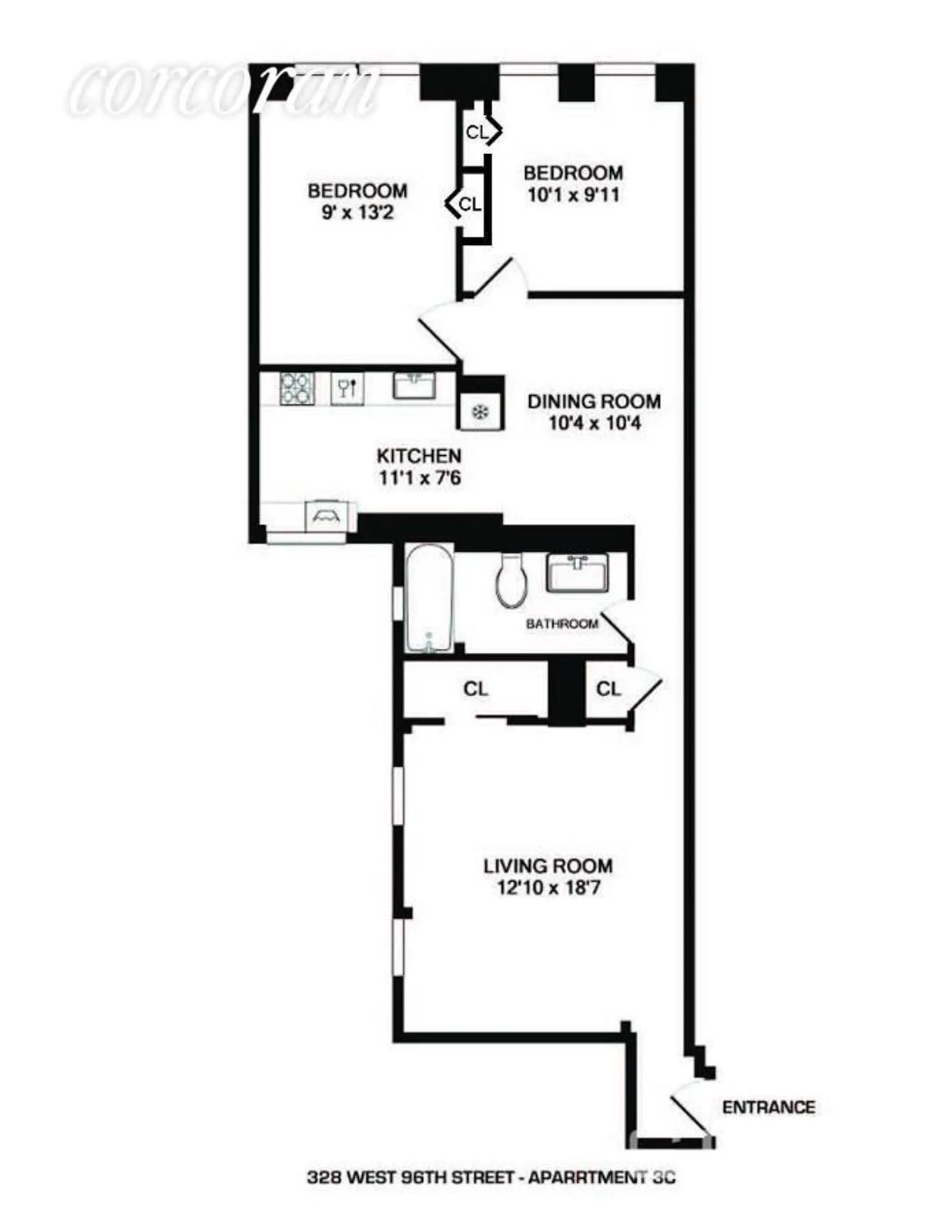 New York City Real Estate | View 328 West 96th Street, 3C | Floor plan | View 7