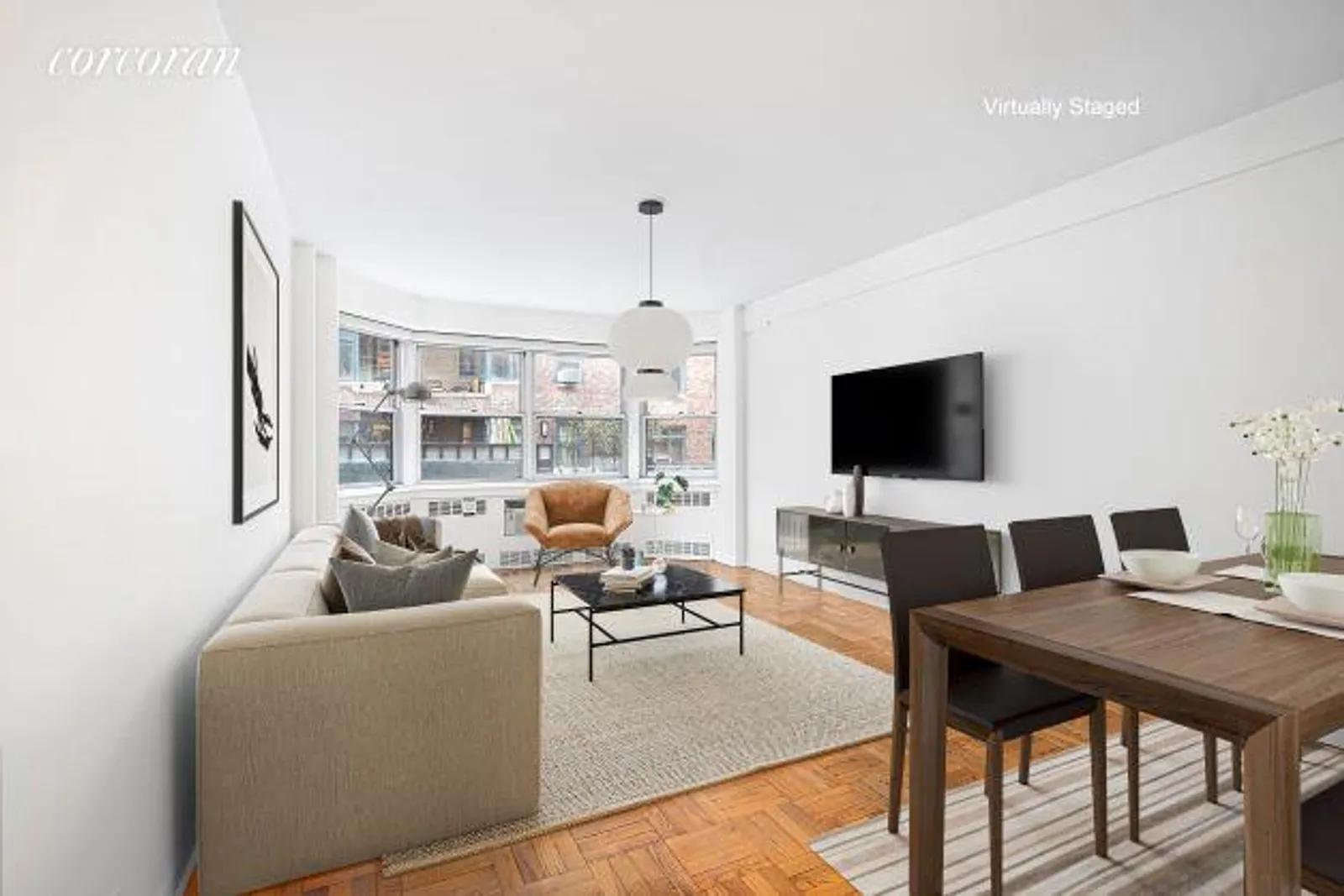 New York City Real Estate | View 155 East 76th Street, 2C | Staged Living / Dining Area | View 3