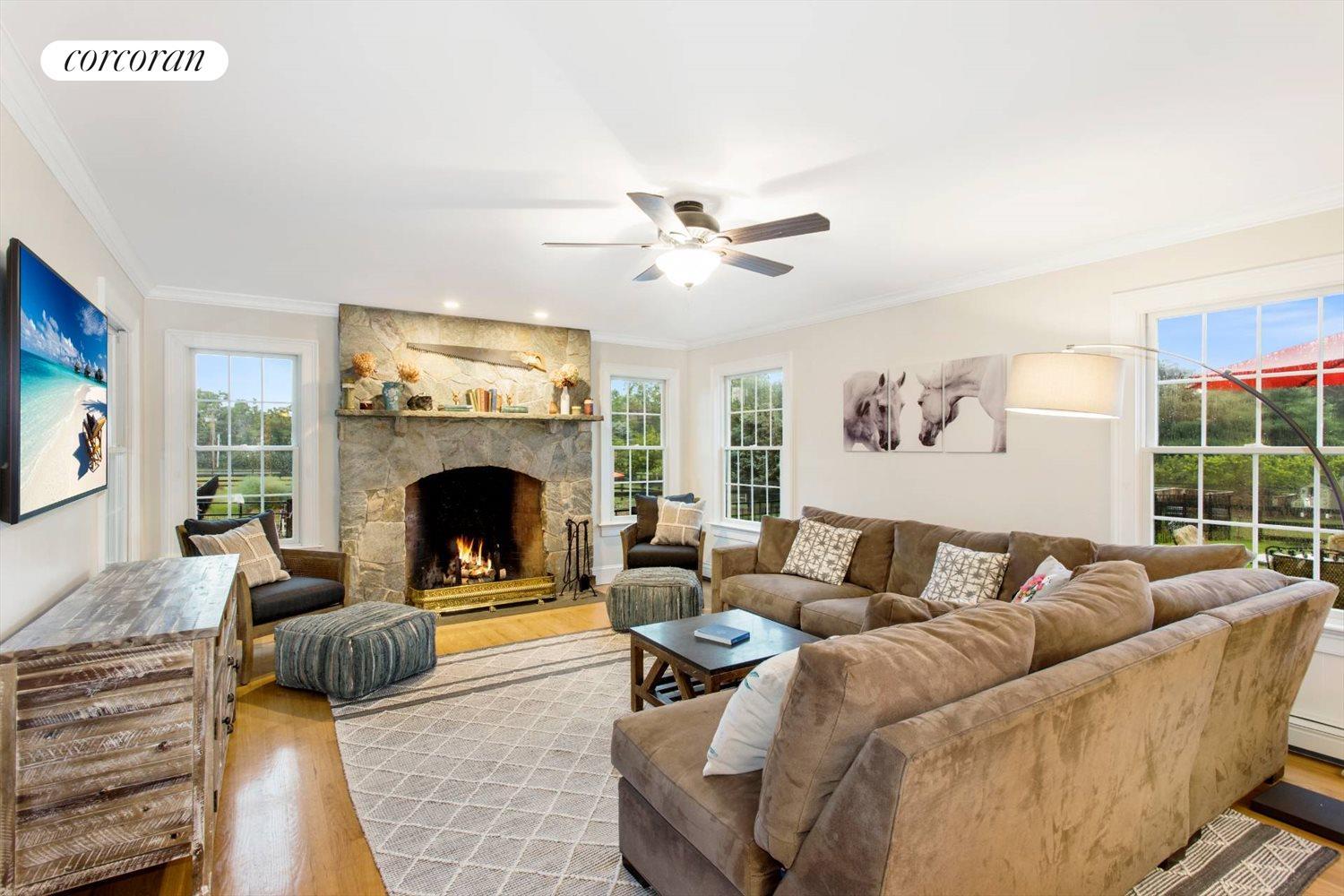 The Hamptons Real Estate | View 425 Jacobs Lane | Living Room w. Fireplace | View 5