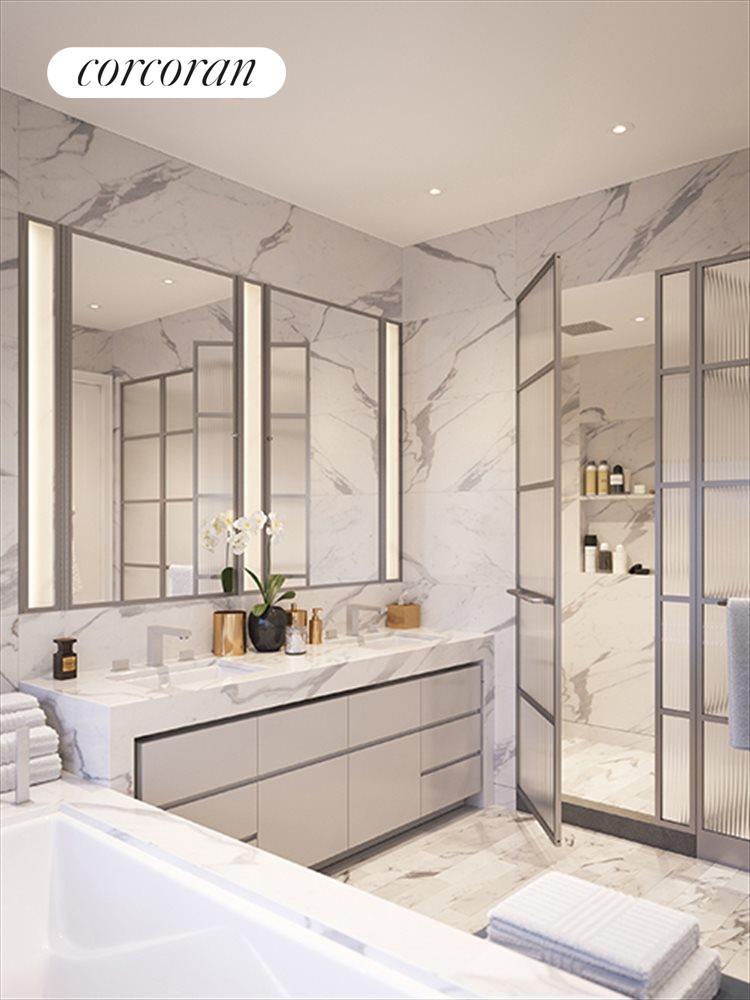 New York City Real Estate | View 70 Vestry Street, 10S | Master Bath features Statuary Monarch marble | View 6