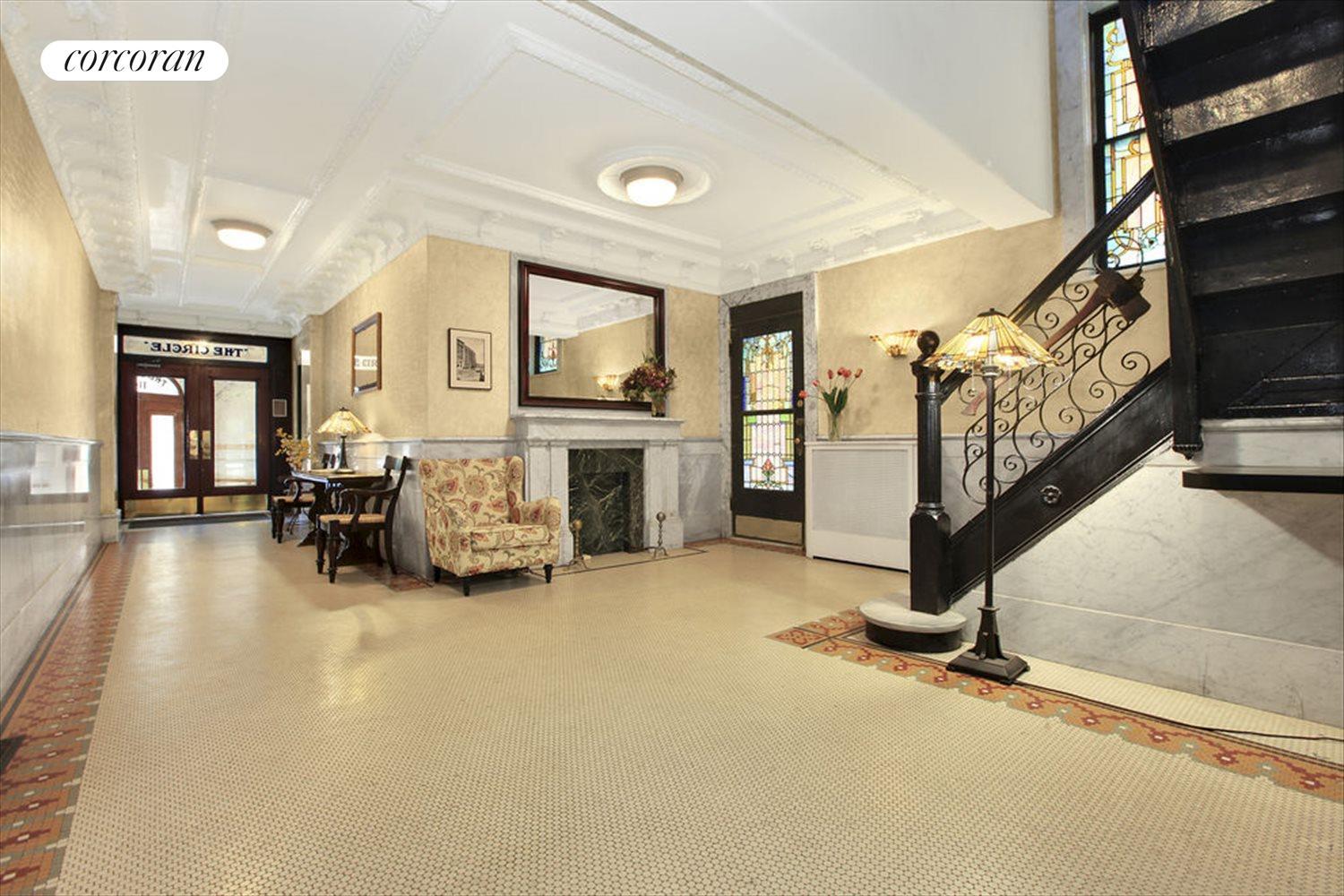 New York City Real Estate | View 114 Morningside Drive, 3 | Renovated Lobby with Stained Glass Windows | View 4
